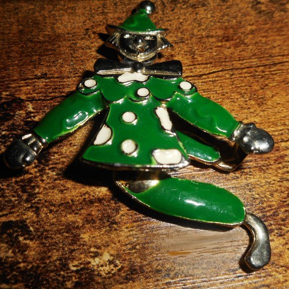 Articulated Clown Pin/Brooch, Green Enamel On Gold-Tone Metal, Dangling Legs - Picture 3 of 4